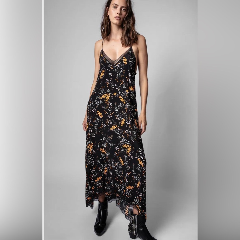 Zadig & Voltaire Black Floral Slip Dress with Orange and White Print